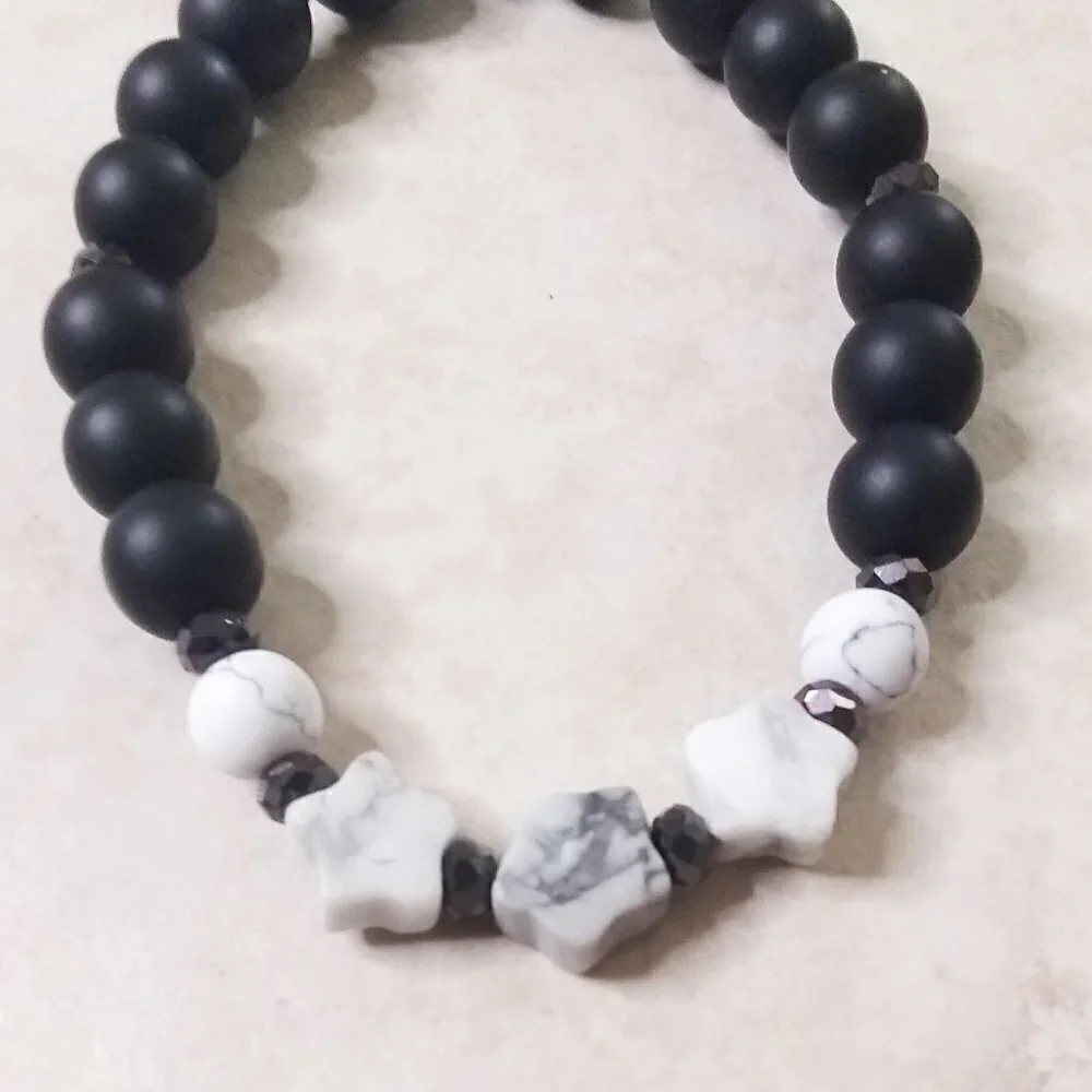 Black Stone + Gray Howlite Stars | Girl Teen Tomboy | Beaded Stretch Bracelet - Picture 6 of 7